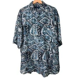 Santana Mens Vintage 90s Silk Abstract Leaf Floral Button Up Shirt Teal Blue L